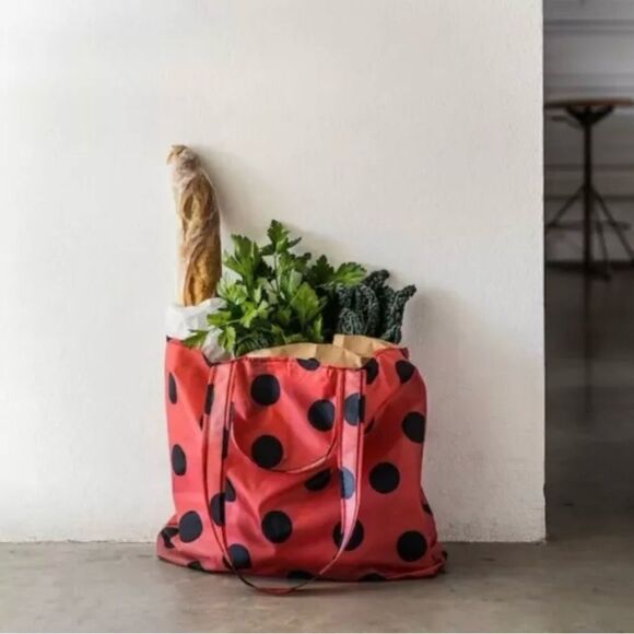 IKEA Skynke Polka Dot Nylon Reusable Shopping Bag Tote Red Black Set of 5 - Picture 2 of 7
